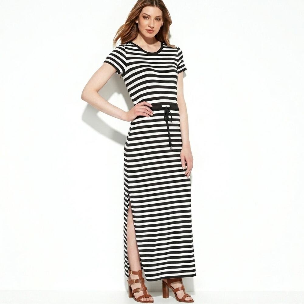 Michael Kors MK Striped Drawstring Slit Short Sleeve Maxi Dress Black White Sz S
